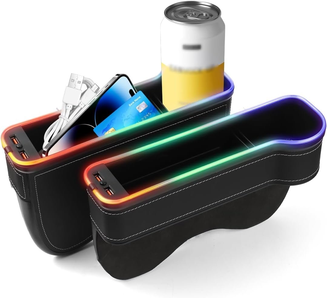 LED Car Seat Gap Filler Organizer With RGB Lights USB Charger Cup Holder