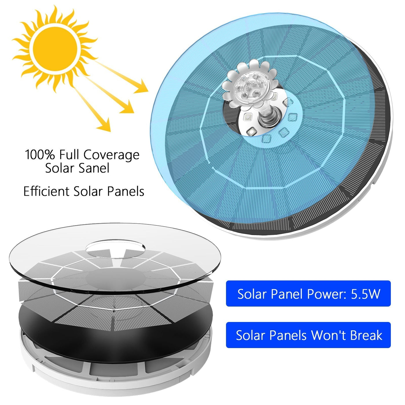 Solar Water Fountain With LED Lights 6 Nozzles 3000mAh Battery