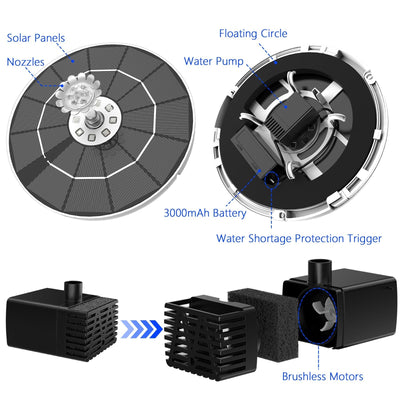 Solar Water Fountain With LED Lights 6 Nozzles 3000mAh Battery