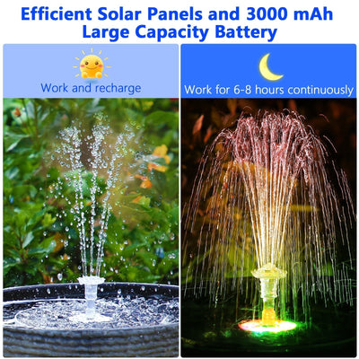 Solar Water Fountain With LED Lights 6 Nozzles 3000mAh Battery