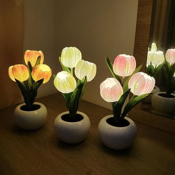 LED Tulip Night Light Table Lamp With Vase Decorative Desk Lamp