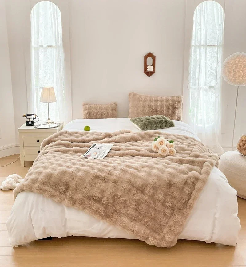 Faux Fur Blanket Plush Rabbit Double Layer Cozy Bedspread For Sofa