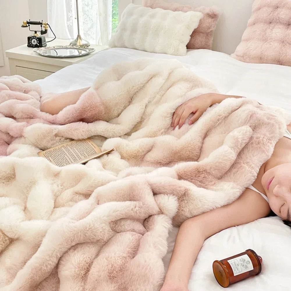 Faux Fur Blanket Plush Rabbit Double Layer Cozy Bedspread For Sofa
