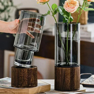 Minimalist Glass Vase With Wooden Base Elegant Hydroponic Planter