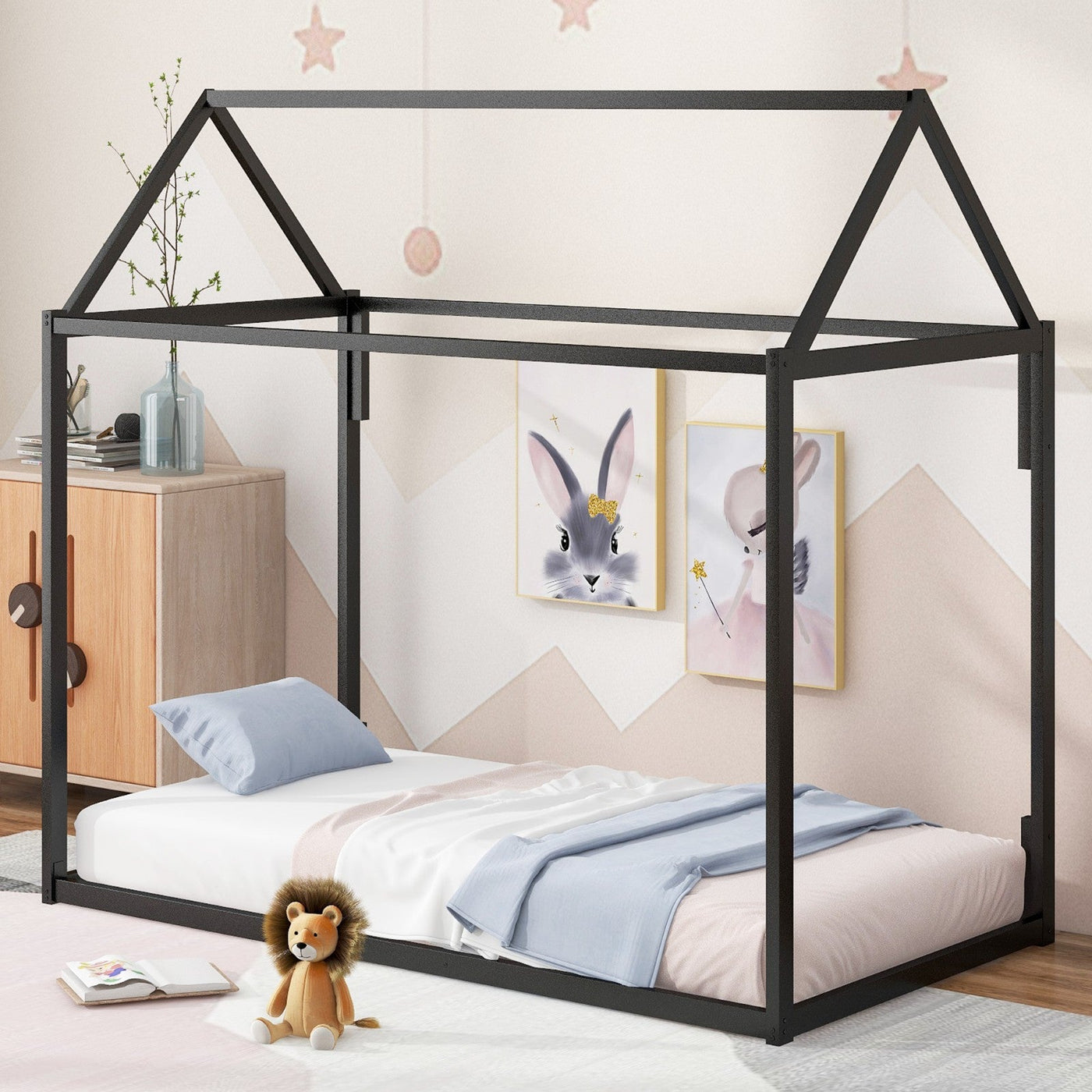 Metal House Shape Platform Bed Twin Frame For Kids Room