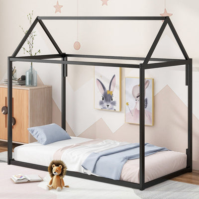 Metal House Shape Platform Bed Twin Frame For Kids Room