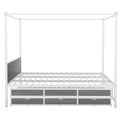 Queen Size Canopy Bed With Trundle Storage Drawers Metal Frame