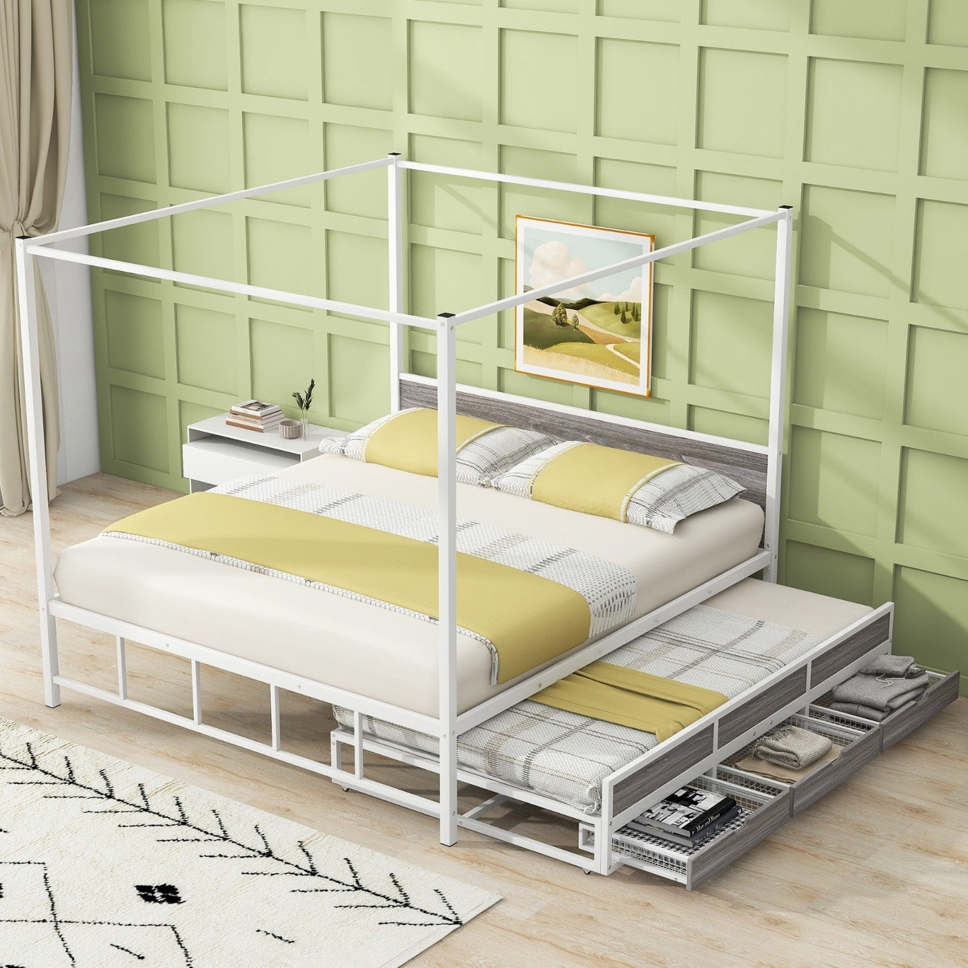 Queen Size Canopy Bed With Trundle Storage Drawers Metal Frame