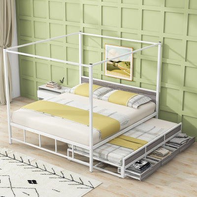 Queen Size Canopy Bed With Trundle Storage Drawers Metal Frame