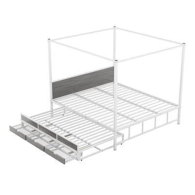 Queen Size Canopy Bed With Trundle Storage Drawers Metal Frame