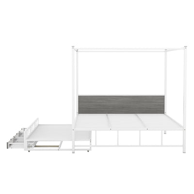 Queen Size Canopy Bed With Trundle Storage Drawers Metal Frame