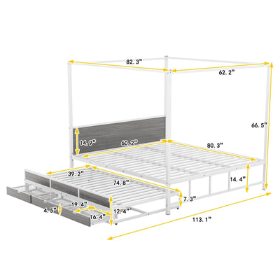 Queen Size Canopy Bed With Trundle Storage Drawers Metal Frame