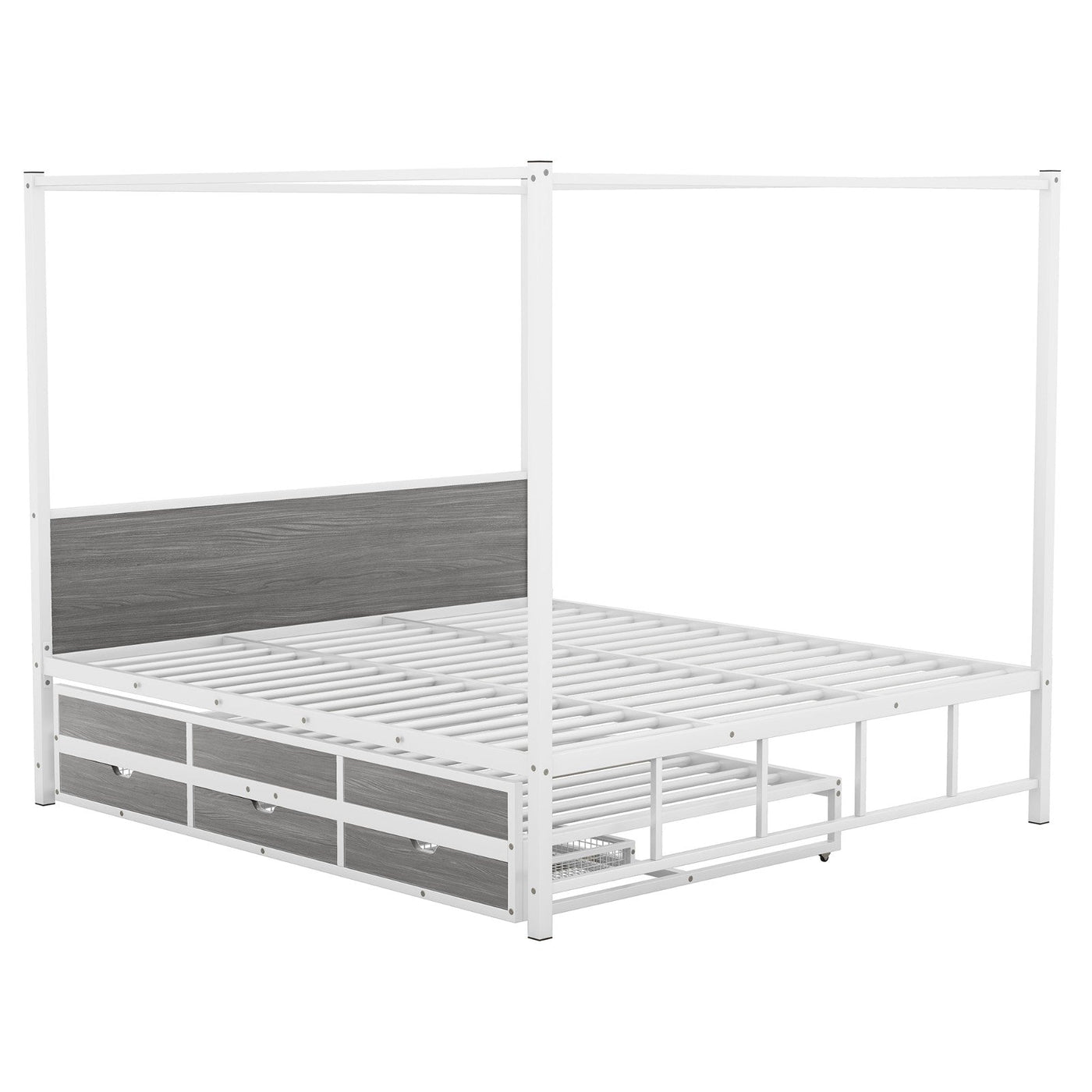 Queen Size Canopy Bed With Trundle Storage Drawers Metal Frame