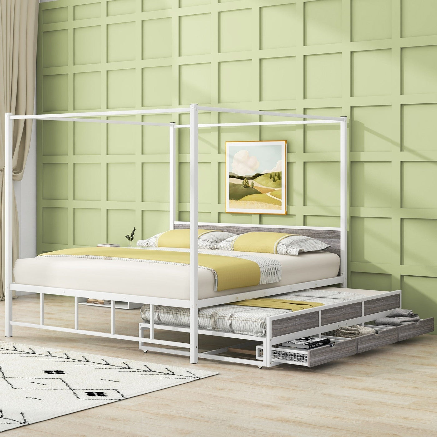 Queen Size Canopy Bed With Trundle Storage Drawers Metal Frame