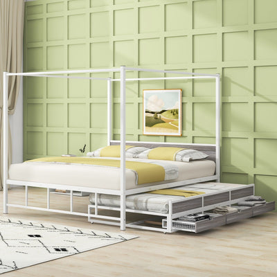 Queen Size Canopy Bed With Trundle Storage Drawers Metal Frame