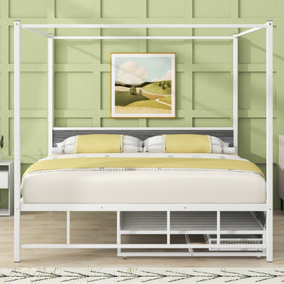 Queen Size Canopy Bed With Trundle Storage Drawers Metal Frame