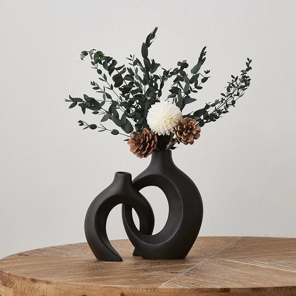 Modern Nordic Black Ceramic Vases Twin Set For Stylish Home Decor
