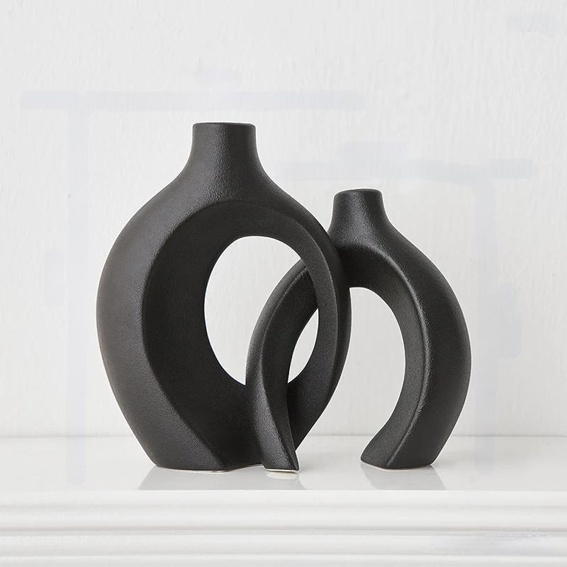 Modern Nordic Black Ceramic Vases Twin Set For Stylish Home Decor