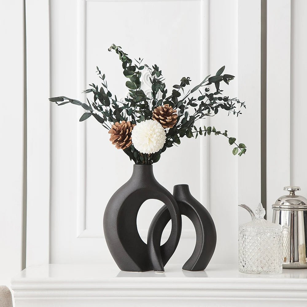 Modern Nordic Black Ceramic Vases Twin Set For Stylish Home Decor