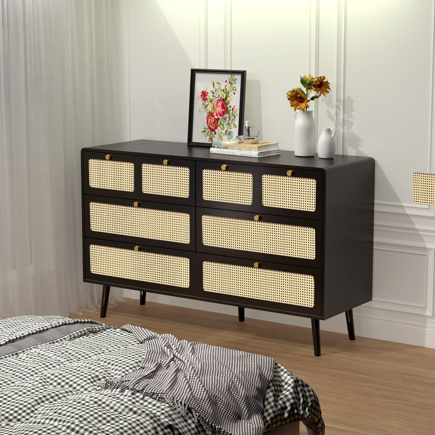 Modern Rattan Dressing Table With 6 Spacious Drawers And Metal Handles