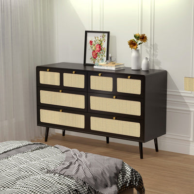 Modern Rattan Dressing Table With 6 Spacious Drawers And Metal Handles
