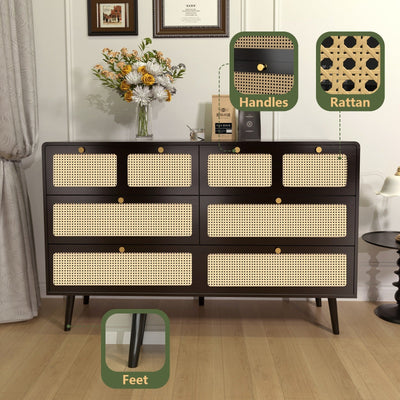 Modern Rattan Dressing Table With 6 Spacious Drawers And Metal Handles