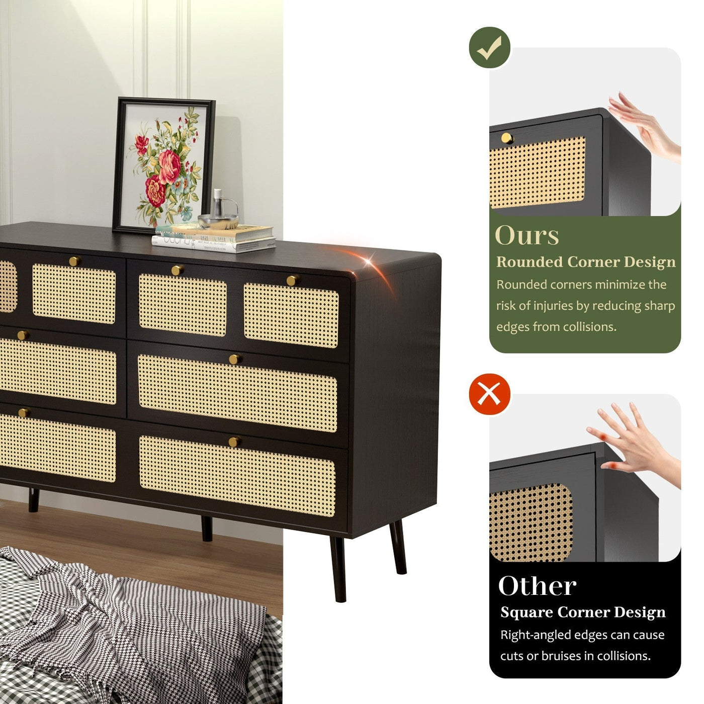 Modern Rattan Dressing Table With 6 Spacious Drawers And Metal Handles