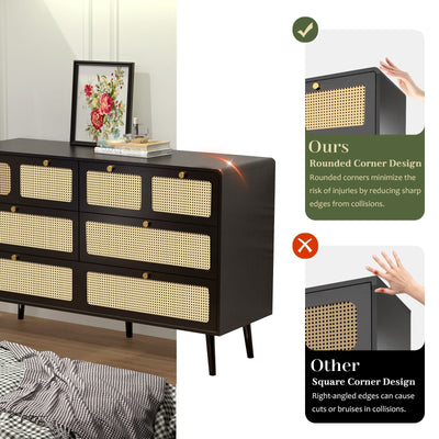 Modern Rattan Dressing Table With 6 Spacious Drawers And Metal Handles