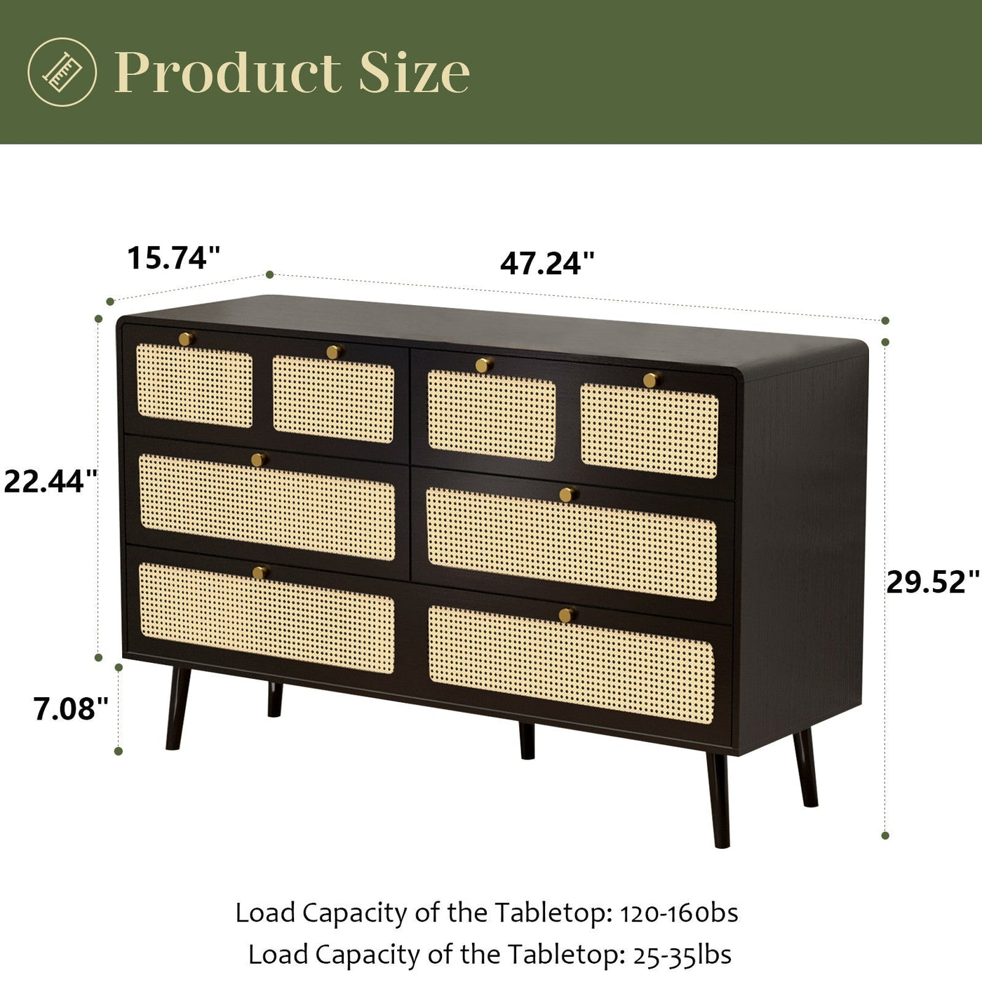 Modern Rattan Dressing Table With 6 Spacious Drawers And Metal Handles