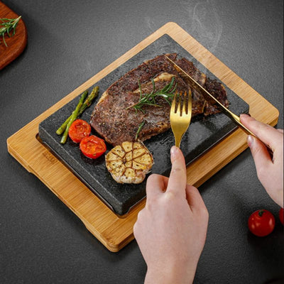 Lava Stone Steak Set With Wood Tray For Indoor Grilling