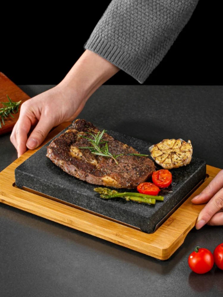 Lava Stone Steak Set With Wood Tray For Indoor Grilling