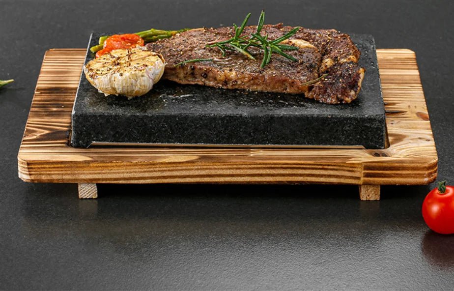 Lava Stone Steak Set With Wood Tray For Indoor Grilling