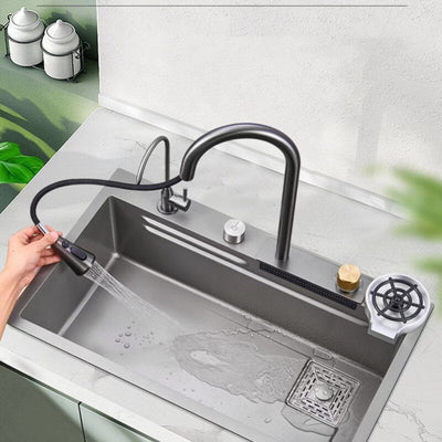 Multifunction Stainless Steel Kitchen Sink 304 Waterfall Bowl Workstation