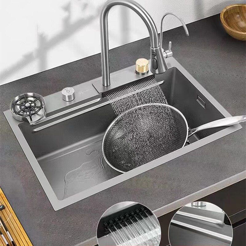 Multifunction Stainless Steel Kitchen Sink 304 Waterfall Bowl Workstation