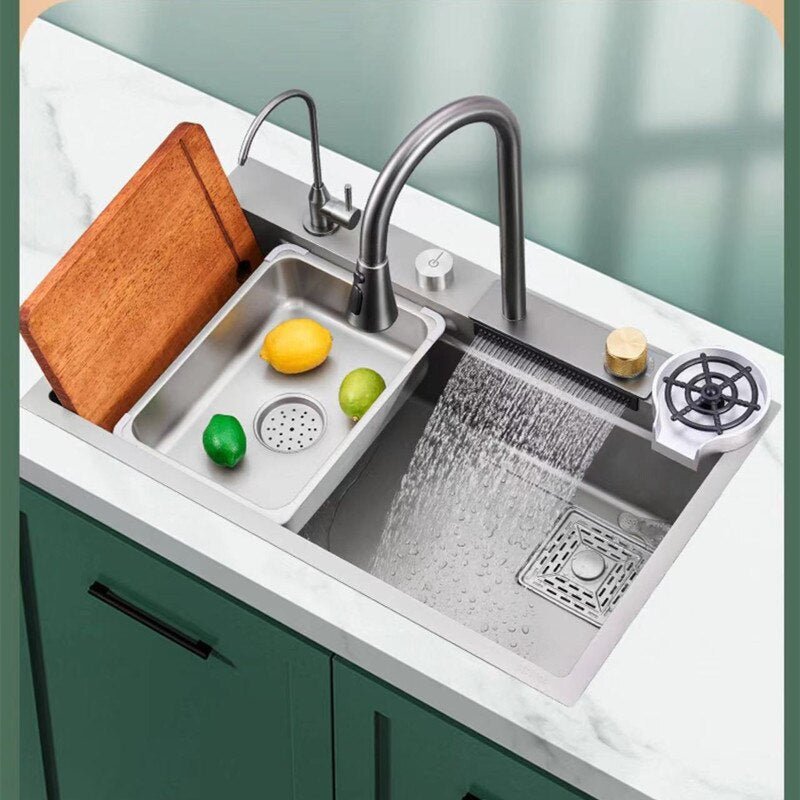 Multifunction Stainless Steel Kitchen Sink 304 Waterfall Bowl Workstation