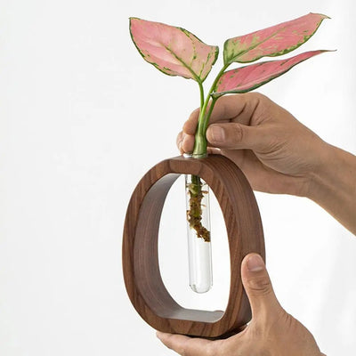Natural Bamboo Flower Vase Glass Test Tube Wood Hydroponic Decor