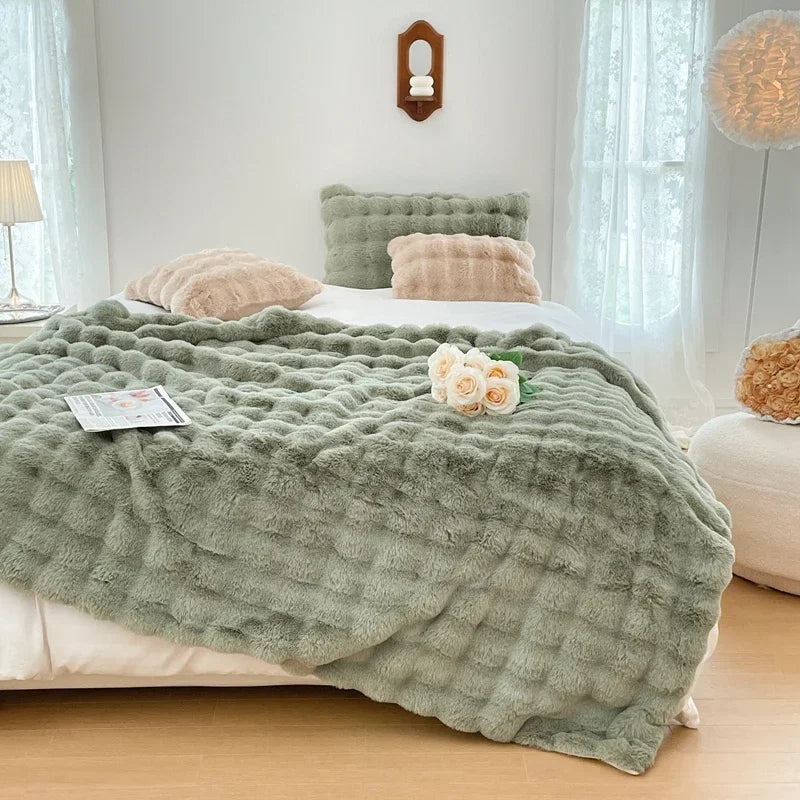 Faux Fur Blanket Plush Rabbit Double Layer Cozy Bedspread For Sofa