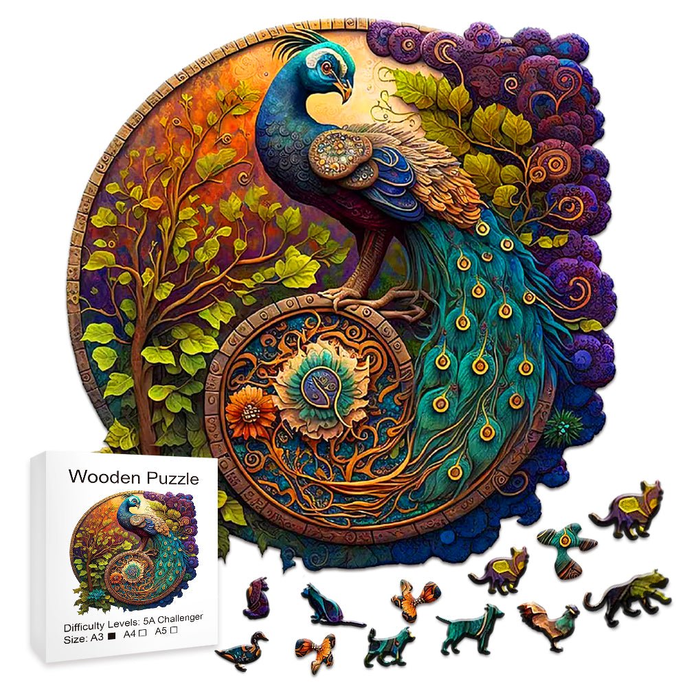 Peacock And Bird Wooden Puzzle Educational Toy Multi-Size Round Puzzle