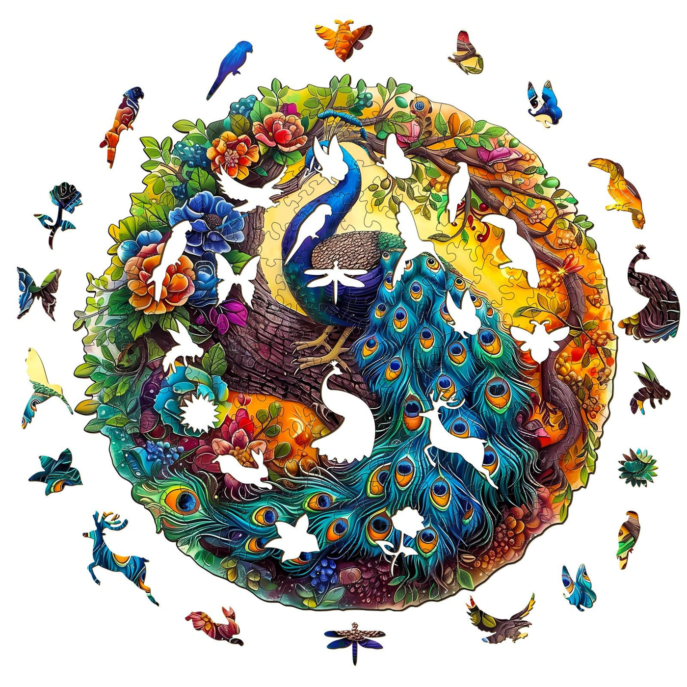 Peacock And Bird Wooden Puzzle Educational Toy Multi-Size Round Puzzle