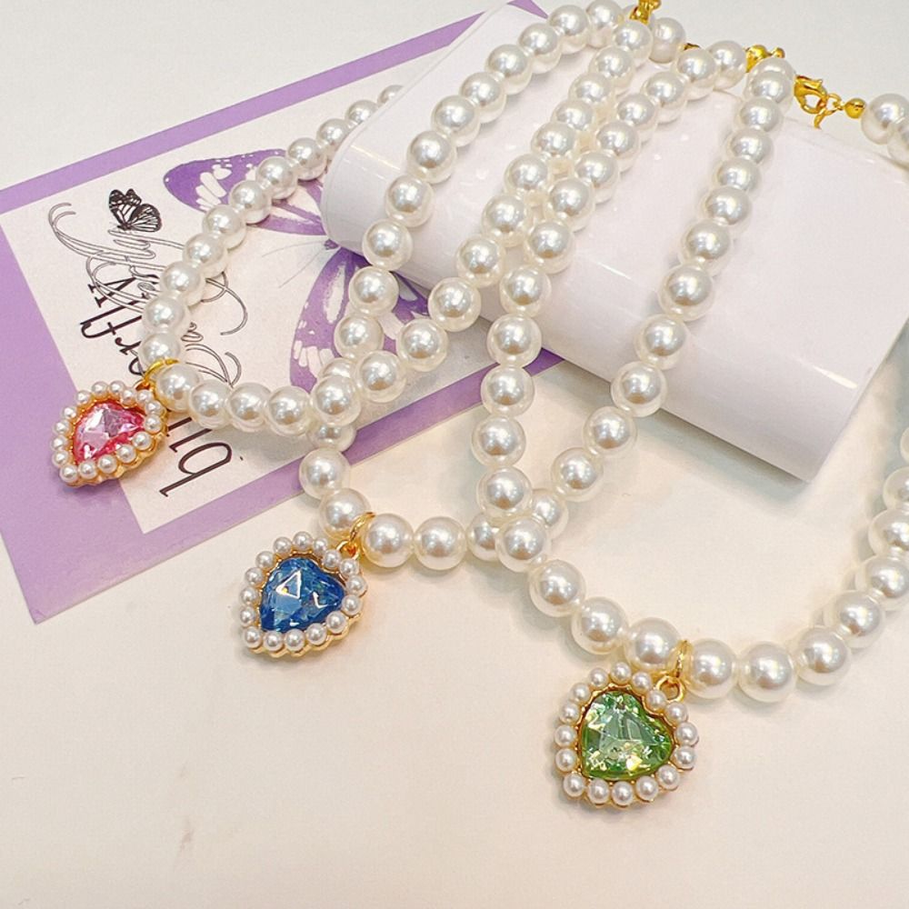 Pet Cat Pearl Necklace Adjustable Rhinestone Collar Colorful Bling