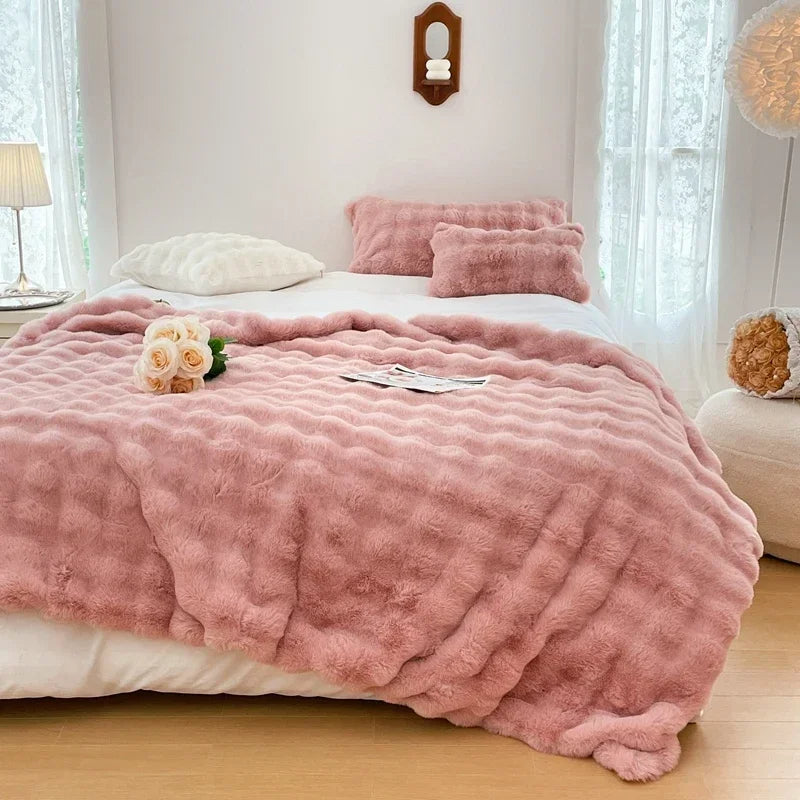 Faux Fur Blanket Plush Rabbit Double Layer Cozy Bedspread For Sofa