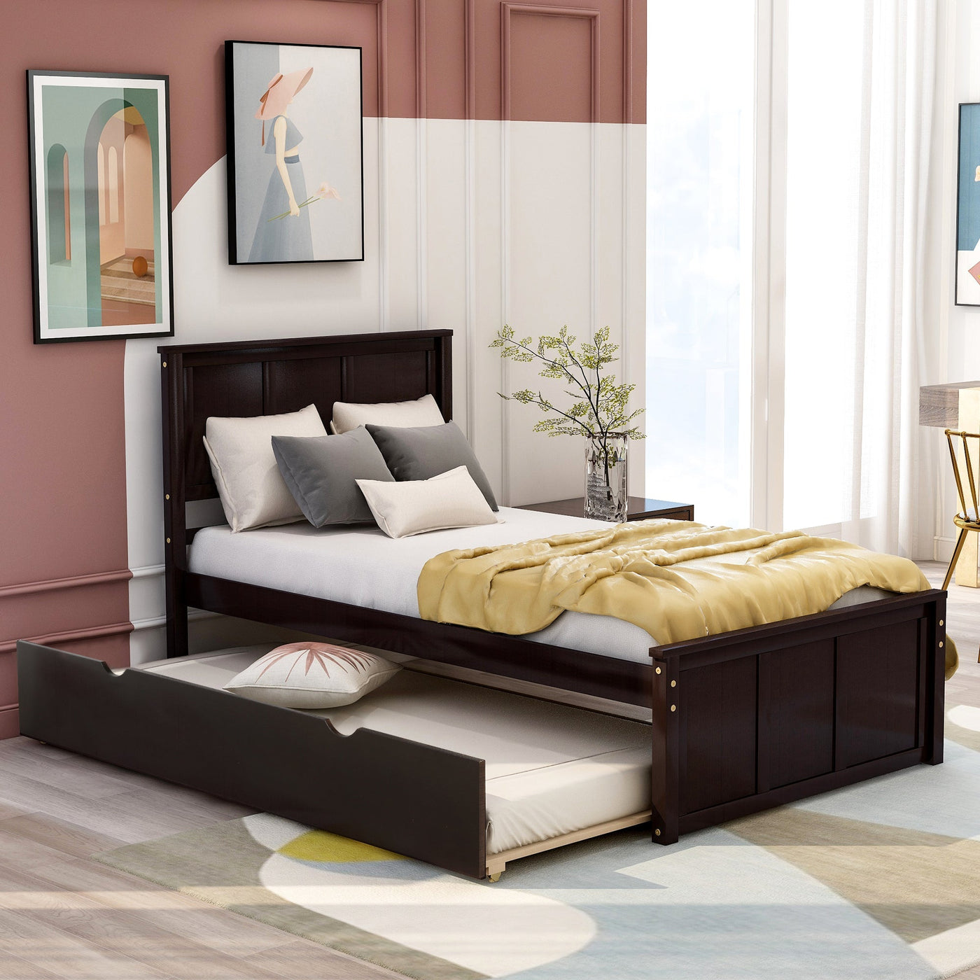 Twin Size Platform Bed With Trundle Frame For Extra Sleeping Space