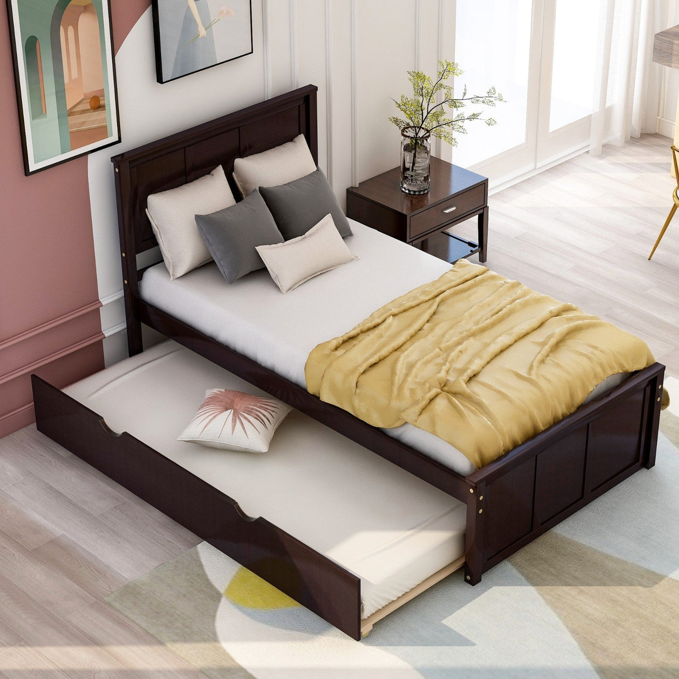 Twin Size Platform Bed With Trundle Frame For Extra Sleeping Space