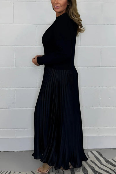 Women's Long Sleeve Jumper Dress With Pleated Bottom Solid Color