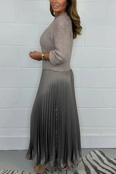 Women's Long Sleeve Jumper Dress With Pleated Bottom Solid Color