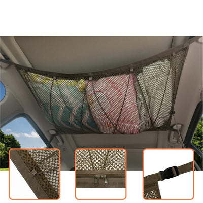 Car Ceiling Storage Net Double Layer Mesh Organizer With Adjustable Strap