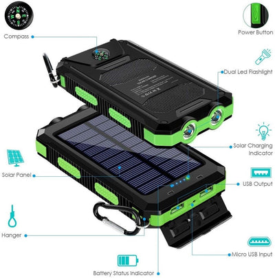 Portable Solar Power Bank With Flashlight And Compass For Smartphones