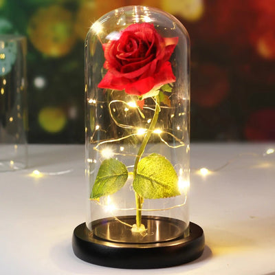 Preserved Rose In Glass Dome LED Light Romantic Flower Decoration