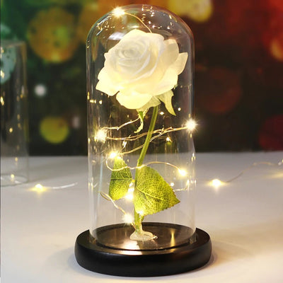 Preserved Rose In Glass Dome LED Light Romantic Flower Decoration