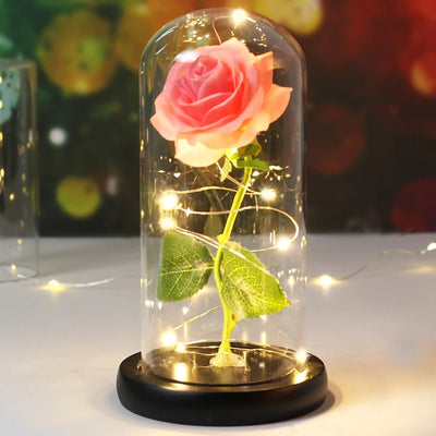 Preserved Rose In Glass Dome LED Light Romantic Flower Decoration